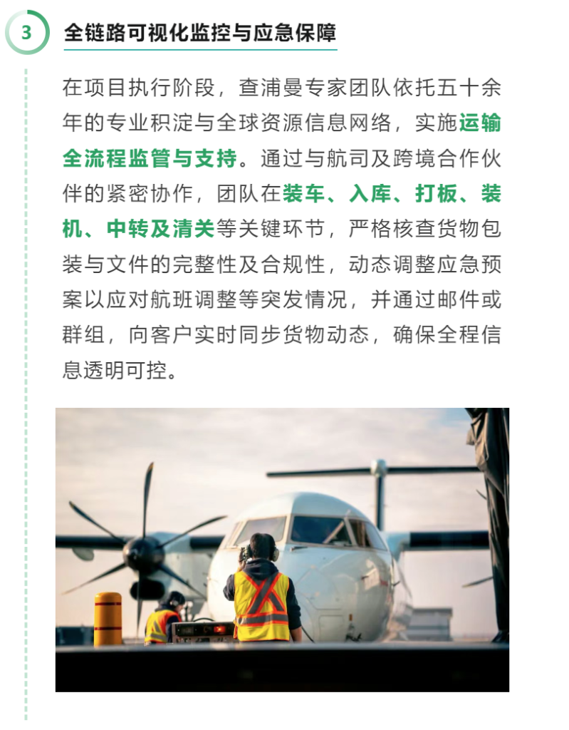 03 全链路可视化监控与应急保障 在项目执行阶段，查浦曼专家团队依托五十余年的专业积淀与全球资源信息网络，实施运输全流程监管与支持。通过与航司及跨境合作伙伴的紧密协作，团队在装车、入库、打板、装机、中转及清关等关键环节，严格核查货物包装与文件的完整性及合规性，动态调整应急预案以应对航班调整等突发情况，并通过邮件或群组，向客户实时同步货物动态，确保全程信息透明可控。