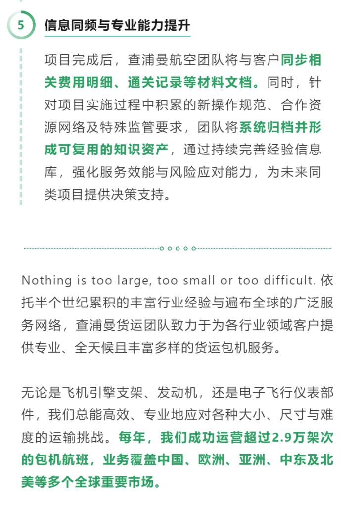 05 信息同频与专业能力提升 项目完成后，查浦曼航空团队将与客户同步相关费用明细、通关记录等材料文档。同时，针对项目实施过程中积累的新操作规范、合作资源网络及特殊监管要求，团队将系统归档并形成可复用的知识资产，通过持续完善经验信息库，强化服务效能与风险应对能力，为未来同类项目提供决策支持。