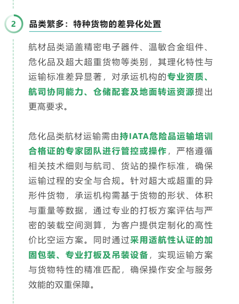 02 品类繁多：特种货物的差异化处置 航材品类涵盖精密电子器件、温敏合金组件、危化品及超大超重货物等类别，其理化特性与运输标准差异显著，对承运机构的专业资质、航司协同能力、仓储配套及地面转运资源提出更高要求。 危化品类航材运输需由持IATA危险品运输培训合格证的专家团队进行管控或操作，严格遵循相关技术细则与航司、货站的操作标准，确保运输过程的安全与合规。针对超大或超重的异形件货物，承运机构需基于货物的形状、体积与重量等数据，通过专业的打板方案评估与严密的装载空间测算，为客户提供定制化的高性价比空运方案。同时通过采用适航性认证的加固包装、专业打板及吊装设备，实现运输方案与货物特性的精准匹配，确保操作安全与服务效能的双重保障。