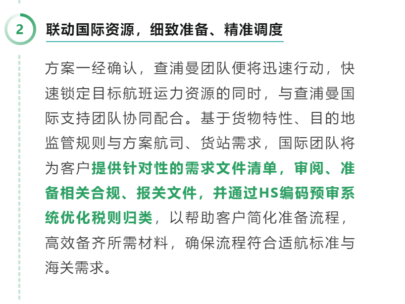 02 联动国际资源，细致准备、精准调度 方案一经确认，查浦曼团队便将迅速行动，快速锁定目标航班运力资源的同时，与查浦曼国际支持团队协同配合。基于货物特性、目的地监管规则与方案航司、货站需求，国际团队将为客户提供针对性的需求文件清单，审阅、准备相关合规、报关文件，并通过HS编码预审系统优化税则归类，以帮助客户简化准备流程，高效备齐所需材料，确保流程符合适航标准与海关需求。