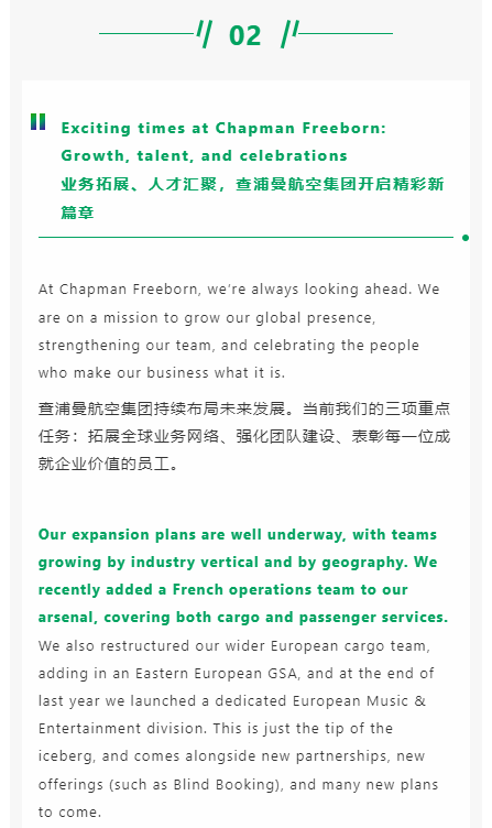 业务拓展、人才汇聚，查浦曼航空集团开启精彩新篇章
查浦曼航空集团持续布局未来发展。当前我们的三项重点任务：拓展全球业务网络、强化团队建设、表彰每一位成就企业价值的员工。