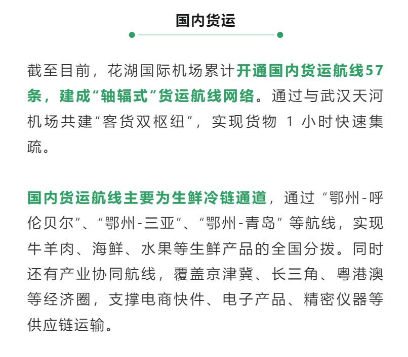 截至目前，花湖国际机场累计开通国内货运航线57条，建成“轴辐式”货运航线网络。通过与武汉天河机场共建“客货双枢纽”，实现货物 1 小时快速集疏。
国内货运航线主要为生鲜冷链通道，通过 “鄂州-呼伦贝尔”、“鄂州-三亚”、“鄂州-青岛” 等航线，实现牛羊肉、海鲜、水果等生鲜产品的全国分拨。同时还有产业协同航线，覆盖京津冀、长三角、粤港澳等经济圈，支撑电商快件、电子产品、精密仪器等供应链运输。