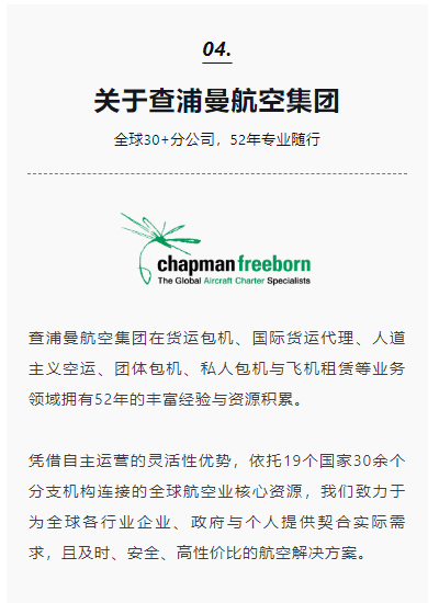 查浦曼航空集团在货运包机、国际货运代理、人道主义空运、团体包机、私人包机与飞机租赁等业务领域拥有52年的丰富经验与资源积累。 
凭借自主运营的灵活性优势，依托19个国家30余个分支机构连接的全球航空业核心资源，我们致力于为全球各行业企业、政府与个人提供契合实际需求，且及时、安全、高性价比的航空解决方案。
自2004年在北京和香港设立办事处以来，查浦曼航空集团已在中国深耕发展二十年，期间增设了上海（现中国区总部）、成都与深圳办公室，与众多国内航空公司、物流企业、消费品企业和货代公司建立了长期且稳固的合作关系。