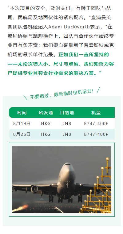 “本次项目的安全、及时交付，有赖于团队与航司、民航局及地面伙伴的紧密配合。”查浦曼英国团队包机经纪人Adam Duckworth表示，“在流程协调与装卸操作上，团队与合作伙伴始终专业且有条不紊；我们很自豪刷新了普雷斯特威克机场的最长单件纪录。正如我们一直所坚持的——无论货物大小、尺寸与难度，我们始终为客户提供专业且契合行业需求的解决方案。”
不要错过，最新临时包机运力! 