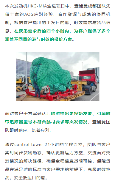 本次发动机HKG-MIA空运项目中，查浦曼成都团队凭借丰富的AOG应对经验、合作资源与成熟的协同机制，根据客户提出的出发目的港、时效需求与货品信息，在获悉需求后的四个小时内，为客户提供了多个涵盖不同目的港与时效的报价方案。
面对客户于方案确认后临时提出更换始发港、引擎附带追踪器型号不符合航司要求等突发情况，查浦曼团队即时响应、沉着应对。通过control tower 24小时的全程监控，团队与客户实时同步货物动态、确认更新运力方案、交流面对突发情况的解决路径，确保全程信息透明可控，保障货品在满足适航标准与客户需求的前提下，克服时效挑战，安全抵达目的港。