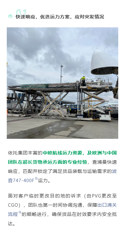 快速响应，优选运力方案，应对突发情况
依托集团丰富的中欧航线运力资源，及欧洲与中国团队在超长货物承运方面的专业经验，查浦曼快速响应，匹配并锁定了满足货品装载与运输需求的波音747-400F运力。面对客户临时更改目的地的诉求（由PVG更改至CGO），团队也第一时间协调沟通，保障出口清关流程的顺畅进行，确保货品在时效要求内安全抵达。