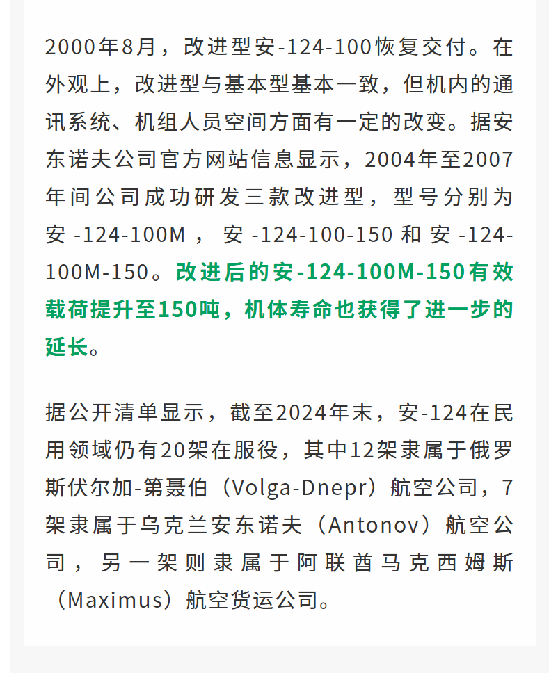 2000年8月，改进型安-124-100恢复交付。在外观上，改进型与基本型基本一致，但机内的通讯系统、机组人员空间方面有一定的改变。据安东诺夫公司官方网站信息显示，2004年至2007年间公司成功研发三款改进型，型号分别为安-124-100M，安-124-100-150和安-124-100M-150。改进后的安-124-100M-150有效载荷提升至150吨，机体寿命也获得了进一步的延长。据公开清单显示，截至2024年末，安-124在民用领域仍有20架在服役，其中12架隶属于俄罗斯伏尔加-第聂伯（Volga-Dnepr）航空公司，7架隶属于乌克兰安东诺夫（Antonov）航空公司，另一架则隶属于阿联酋马克西姆斯（Maximus）航空货运公司。