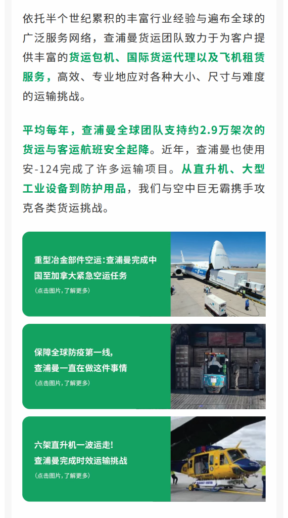 查浦曼与安-124 依托半个世纪累积的丰富行业经验与遍布全球的广泛服务网络，查浦曼货运团队致力于为客户提供丰富的货运包机、国际货运代理以及飞机租赁服务，高效、专业地应对各种大小、尺寸与难度的运输挑战。平均每年，查浦曼全球团队支持约2.9万架次的货运与客运航班安全起降。近年，查浦曼也使用安-124完成了许多运输项目。从直升机、大型工业设备到防护用品，我们与空中巨无霸携手攻克各类货运挑战。